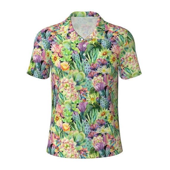 Wukai Watercolor Blooming Cactus Men’s Polo Shirts,Quick-Dry Athletic Shirt,Classic Fit Shirts-X-Large