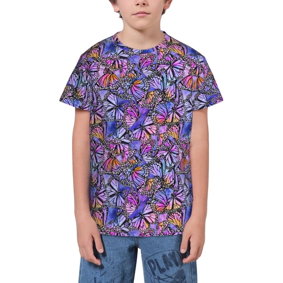 Wukai Watercolor Butterflies Youth Unisex Short Sleeve T-Shirt for Boys, Girls, Teens, and Kids-X-Large