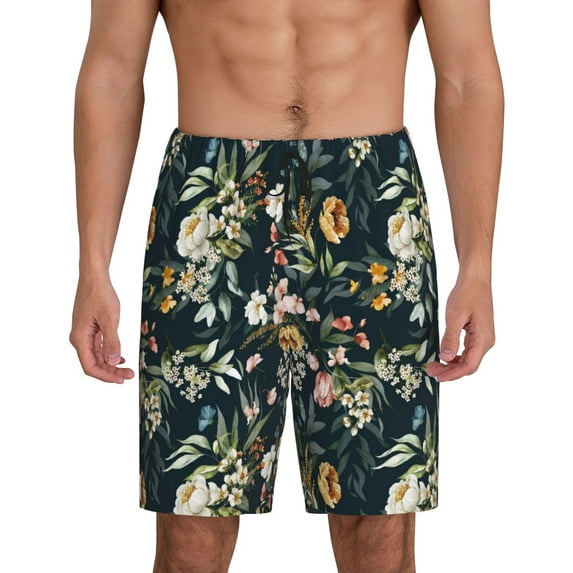 Wukai Watercolor Floral Men’s Short Pajama Pants With Pockets Soft Sleep Pj Shorts for Men-Small