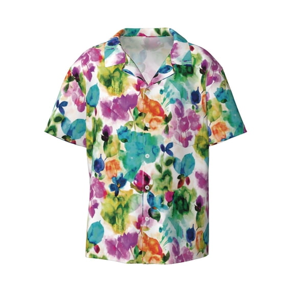 Wukai Watercolor Flowers Men's Casual Short-Sleeve Button Down Shirt - Lightweight Summer Dress Shirt for Daily Wear-Large
