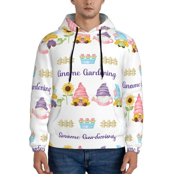 Wukai Watercolor Gnome Garden Print Men Hoodies Fleece Sweatshirts Long Sleeve Sweaters Pullover Fall Outfits Winter Clothes-Medium