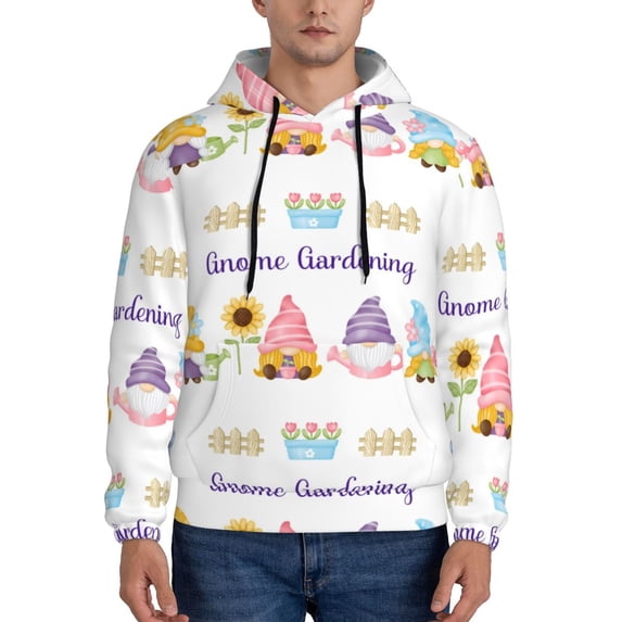 Wukai Watercolor Gnome Garden Print Men Hoodies Fleece Sweatshirts Long Sleeve Sweaters Pullover Fall Outfits Winter Clothes-XX-Large