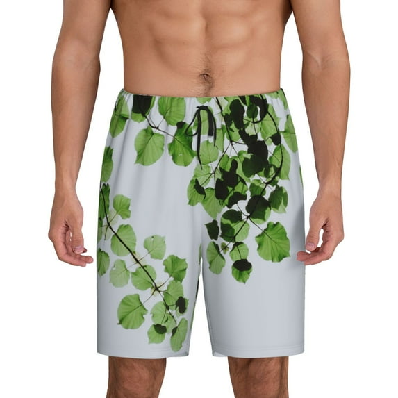 Wukai Watercolor Green Leaves Men’s Short Pajama Pants With Pockets Soft Sleep Pj Shorts for Men-Small