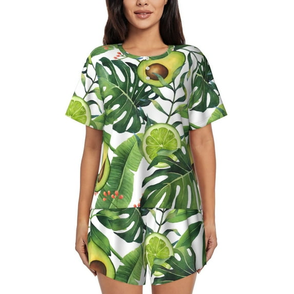 "Wukai Watercolor Green Tropical Women's Pajama Set - Short-Sleeve Top and Shorts with Elastic Waistband and Pockets for Loungewear, Yoga, and Casual Wear-Large