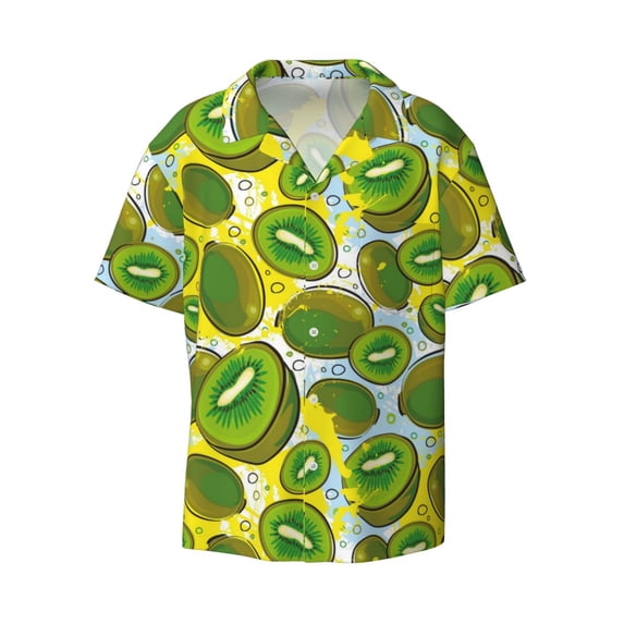Wukai Watercolor Kiwi Fruits Summer Men's Casual Short-Sleeve Button Down Shirt - Lightweight Summer Dress Shirt for Daily Wear-X-Large
