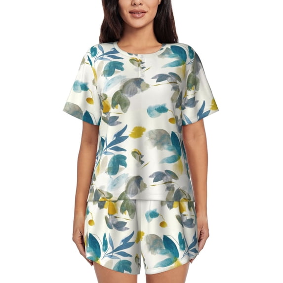 Wukai Watercolor Leaves Women's Pajama Set,Short-Sleeve Top and Shorts with Elastic Waistband and Pockets for Loungewear, Yoga, and Casual Wear-Large