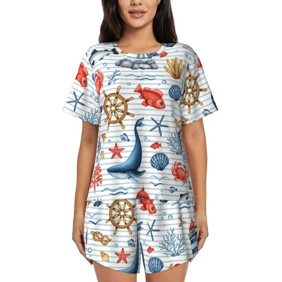 Wukai Watercolor Nautical Print Women's Pajama Set - Short-Sleeve Top and Shorts with Elastic Waistband and Pockets for Loungewear, Yoga, and Casual Wear-Medium