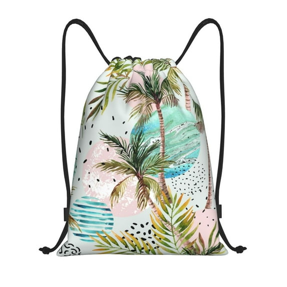 Wukai Watercolor Palm Tree Drawstring Backpack Bag Sport Gym Sackpack Large Size String Backpack Cinch for Women Men-Medium