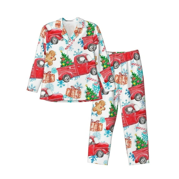 Wukai Watercolor Red Truck And Fir Tree Men's Long-Sleeve Pajama Set - Comfortable Sleepwear with Button-Down Shirt and Pants-Large