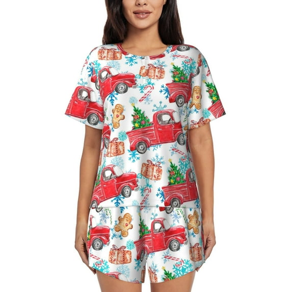 Wukai Watercolor Red Truck And Fir Tree Women's Pajama Set,Short-Sleeve Top and Shorts with Elastic Waistband and Pockets for Loungewear, Yoga, and Casual Wear-Large
