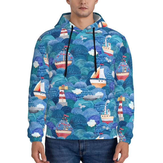 Wukai Watercolor Ships Print Men Hoodies Fleece Sweatshirts Long Sleeve Sweaters Pullover Fall Outfits Winter Clothes-Medium