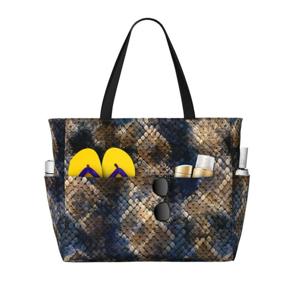 Wukai Watercolor Snake Skin Print Zipper Bag,large Beach Tote Bag,Waterproof Sandproof Bag,Grocery and Picnic Tote Travel Bag