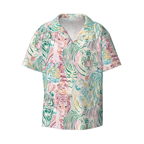 Wukai Watercolor Tiger Men's Casual Short-Sleeve Button Down Shirt - Lightweight Summer Dress Shirt for Daily Wear-Large