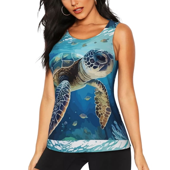 Wukai Watercolor Turtle Print Women's Workout Tank Top Mesh Yoga Shirts Athletic Running Tank Tops Athletic Gym Shirts - Large