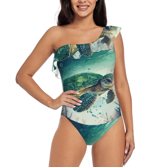 Wukai Watercolor Turtle1 Chic One Shoulder Swimwear with Ruffle Design and Tummy Control Skirt: Fashionable, Supportive, Comfortable for Beach-XX-Large