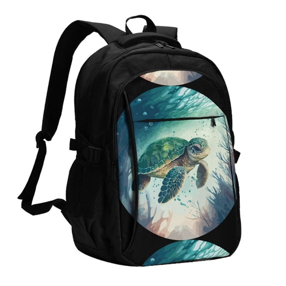 Wukai Watercolor Turtle5 Travel Laptop Backpack: Business Water-Resistant Bag with USB Charging Port, Ideal College Backpack for Men & Women