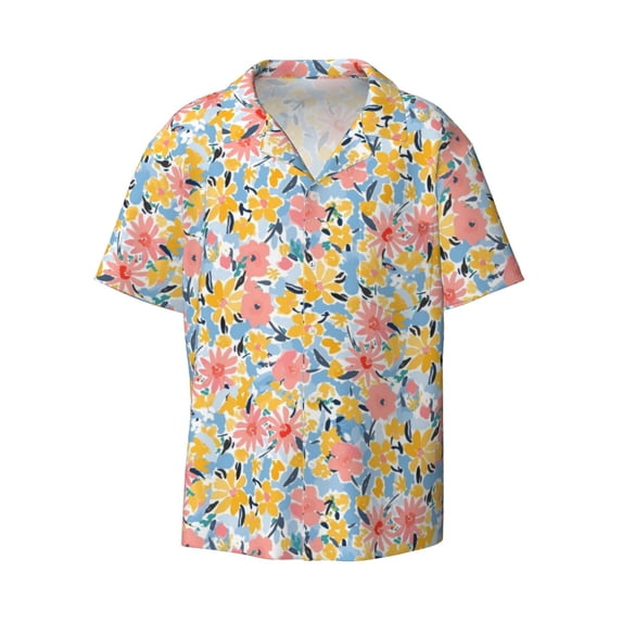 Wukai Watercolor Wildflowers Men's Casual Short-Sleeve Button Down Shirt - Lightweight Summer Dress Shirt for Daily Wear-4X-Large