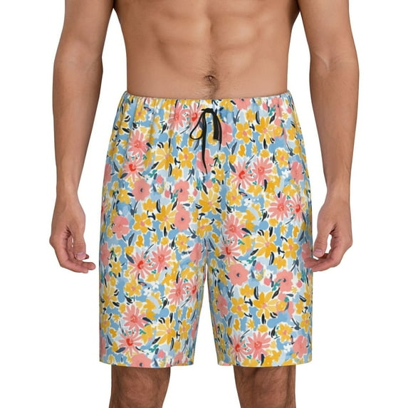 Wukai Watercolor Wildflowers Men’s Short Pajama Pants With Pockets Soft Sleep Pj Shorts for Men-Large