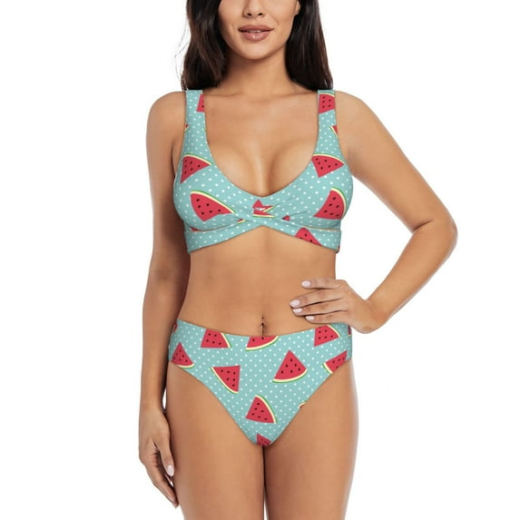 Wukai Watermelon Women's Bikini Set Two Piece,wimsuit High Waisted V Neck Twist Front Adjustable Spaghetti Straps Bathing Suit-X-Large