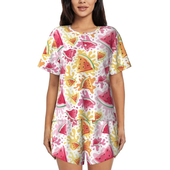 "Wukai Watermelon Women's Pajama Set - Short-Sleeve Top and Shorts with Elastic Waistband and Pockets for Loungewear, Yoga, and Casual Wear-