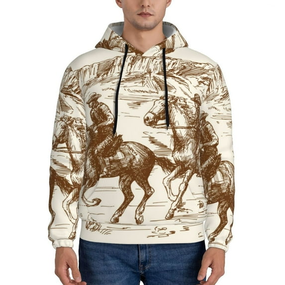 Wukai Western Desert Cowboys1 Print Men Hoodies Fleece Sweatshirts Long Sleeve Sweaters Pullover Fall Outfits Winter Clothes-X-Large