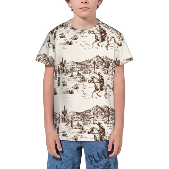 Wukai Western Desert Cowboys3 Youth Unisex Short Sleeve T-Shirt for Boys, Girls, Teens, and Kids-X-Small