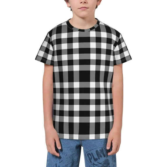Wukai White And Black Plaid Youth Unisex Short Sleeve T-Shirt for Boys, Girls, Teens, and Kids-X-Small