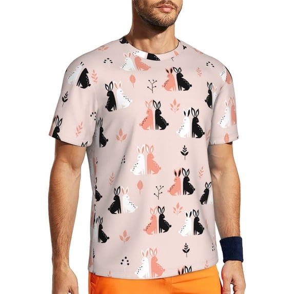 Wukai White And Black Rabbit Print Men's Short-Sleeved Mesh T-Shirt,Quick-Dry Short Sleeve Workout T-Shirt-3X-Large