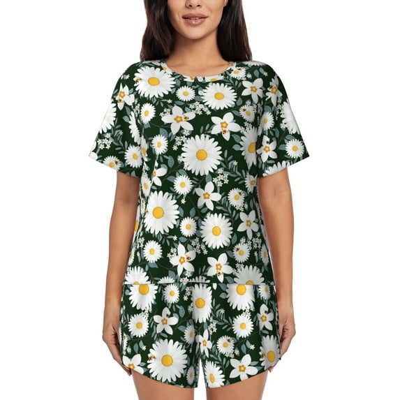 "Wukai White Daisies and Bee Women's Pajama Set - Short-Sleeve Top and Shorts with Elastic Waistband and Pockets for Loungewear, Yoga, and Casual Wear-Small