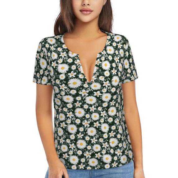 Wukai White Daisies and Bee Casual V-Neck Graphic Tees for Women: Lightweight and Breathable Summer Tops with Stylish Design-Medium