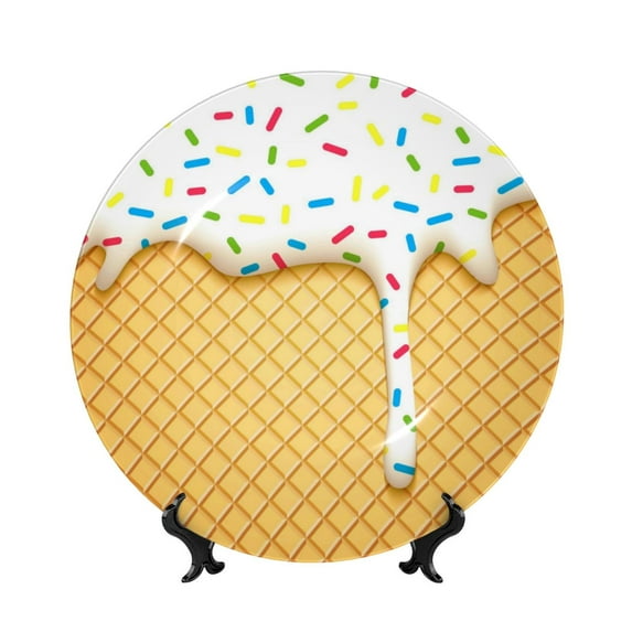 Wukai White Ice Cream Print Decorative Plate for Display,Bone China Decorative Plate, Ceramic Dinner Plate with Stand, Vertical Ceramic Plate-6in