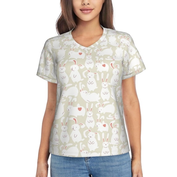 Wukai White Rabbit Classic V-Neck T-Shirt for Women: Comfortable, Stylish, and Versatile Wardrobe Essential-Small