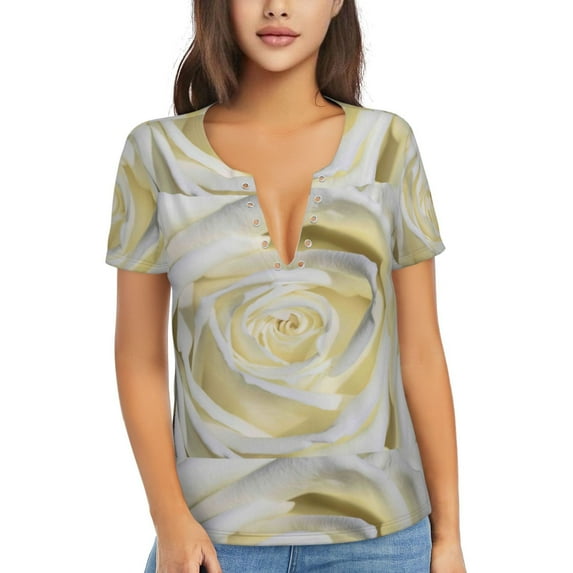 Wukai White Rose Casual V-Neck Graphic Tees for Women: Lightweight and Breathable Summer Tops with Stylish Design-XX-Large
