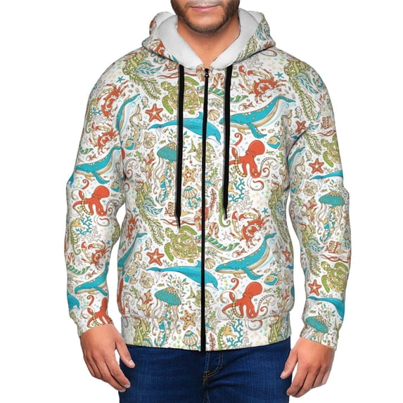 Wukai Wild Sea Life Print Men's Zip-Up Hoodie,Fleece Full-Zip Hoodie for Men, Hooded Sweatshirt-Small