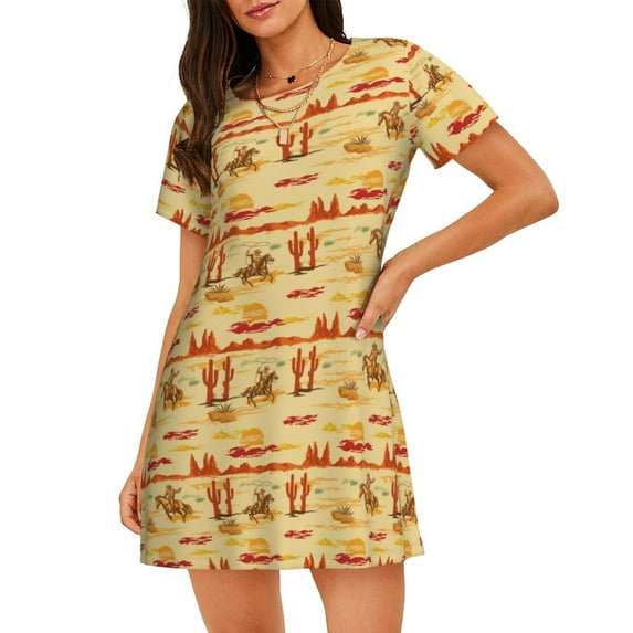Wukai Wild West Colorful Print Women's Loose Short Sleeve Nightgown, Soft Sleep Dress for Comfortable Relaxation, Casual Lounge Wear