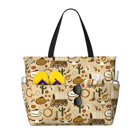 Wukai Wild West Cowboy Print Zipper Bag,large Beach Tote Bag,Waterproof Sandproof Bag,Grocery and Picnic Tote Travel Bag