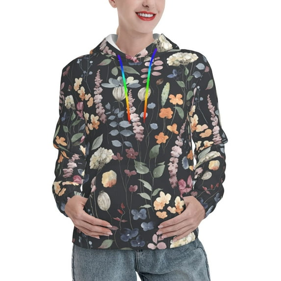 Wukai Wildflower Watercolor 1 Print Womens Hoodies Fleece Sweatshirts Long Sleeve Sweaters Pullover Fall Outfits Winter Clothes-Medium