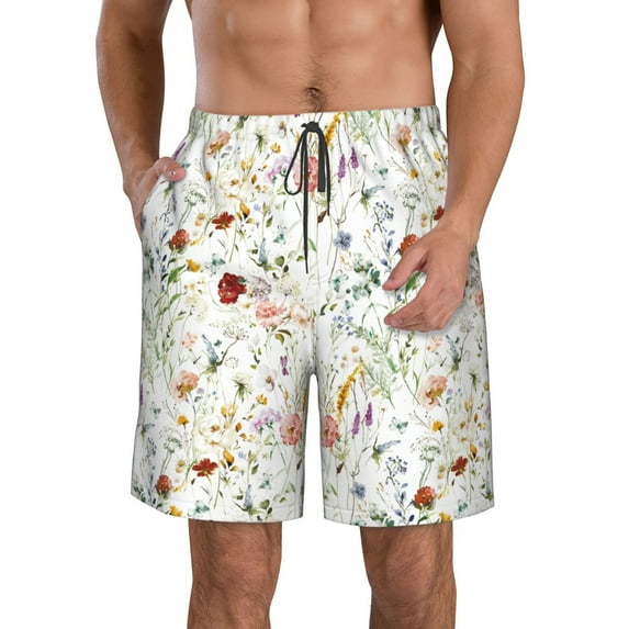 Wukai Wildflower Watercolor Print Beach Trunks with Compression Liner Swimsuit Quick Dry Beach Sports Shorts with Pocket-Large