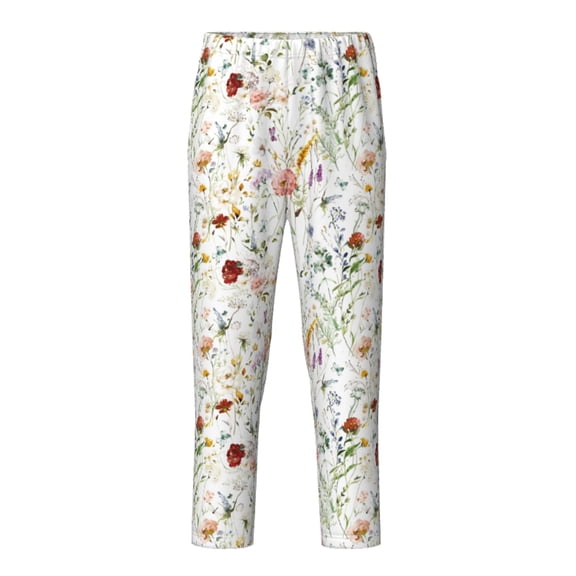 Wukai Wildflower Watercolor Print Teenagers' Pajama Pant Sleep Pajama Lounge Pant PJ Bottoms with Pockets and Button Fly(Available in Big & Tall)-Small