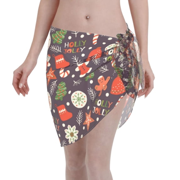 Wukai Winter Holiday Christmas Women’s Short Sarongs Beach Wrap Bikini Bottom Short Skirt Chiffon Scarf for Swimwear