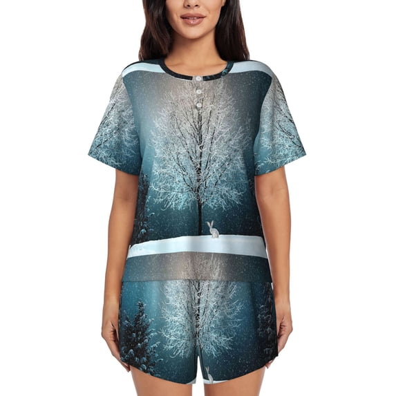 Wukai Winter Rabbit Print Women's Pajama Set - Short-Sleeve Top and Shorts with Elastic Waistband and Pockets for Loungewear, Yoga, and Casual Wear-Medium