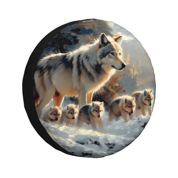 Wukai Wolf Family Winter Wonderland Print Spare Tire Cover for RV Trailer,Waterproof PVC Faux Leather Wheel Cover Fit for Truck,Trailer,RV,SUV,Camper and Most Vehicle-15 inch