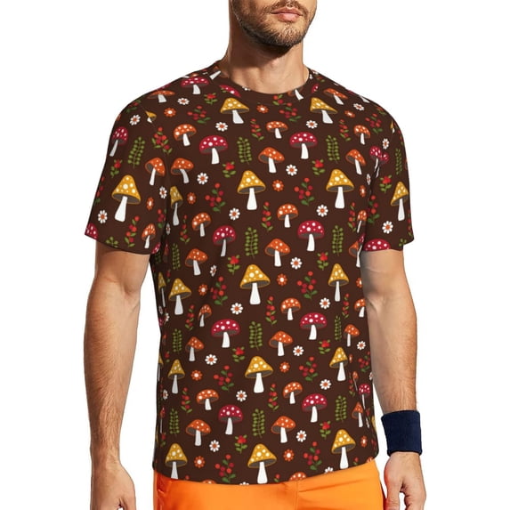 Wukai Woodland Mushroom with Flowers and Berries Print Men's Short-Sleeved Mesh T-Shirt,Quick-Dry Short Sleeve Workout T-Shirt-X-Small