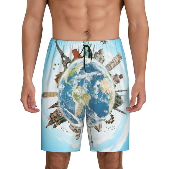 Wukai World Travel Men’s Short Pajama Pants With Pockets Soft Sleep Pj Shorts for Men-