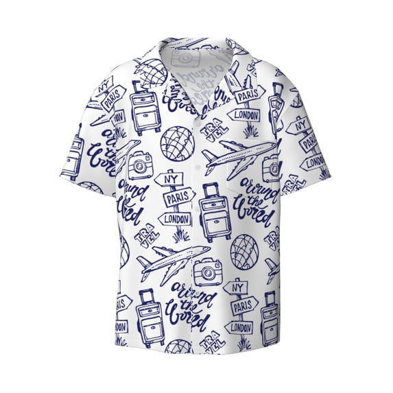 Wukai World Travel2 Men's Casual Short-Sleeve Button Down Shirt - Lightweight Summer Dress Shirt for Daily Wear-Large