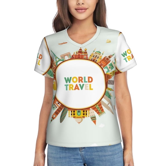 Wukai World Travel3 Classic V-Neck T-Shirt for Women: Comfortable, Stylish, and Versatile Wardrobe Essential-Large