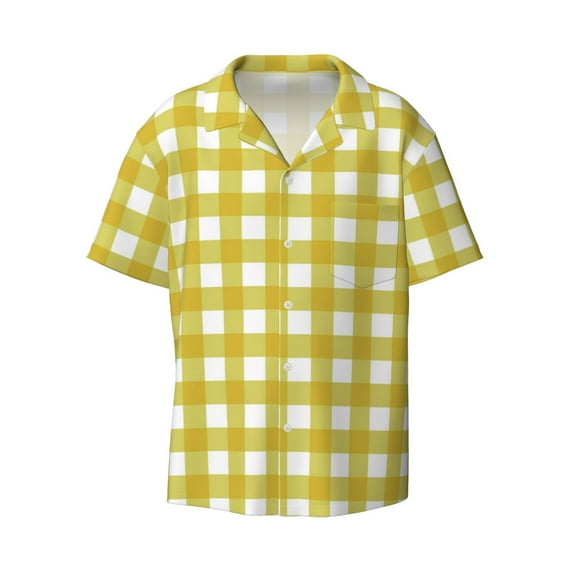 Wukai Yellow Checkboard Men's Casual Short-Sleeve Button Down Shirt - Lightweight Summer Dress Shirt for Daily Wear-Small