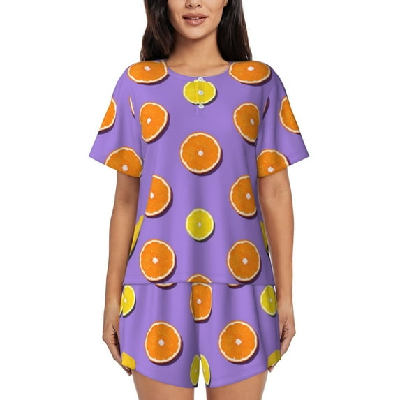 Wukai Yellow Lemon And Orange Women's Pajama Set,Short-Sleeve Top and Shorts with Elastic Waistband and Pockets for Loungewear, Yoga, and Casual Wear-Small