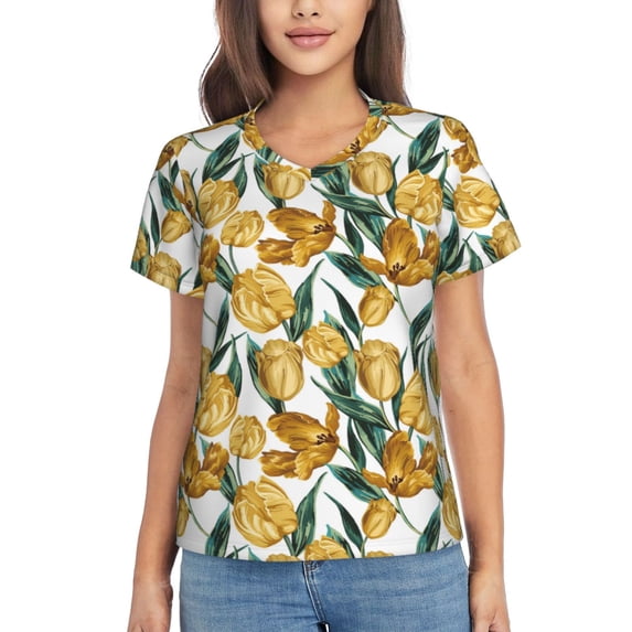 Wukai Yellow Tulips Classic V-Neck T-Shirt for Women: Comfortable, Stylish, and Versatile Wardrobe Essential-Medium