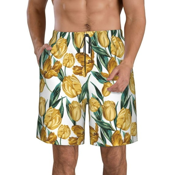 Wukai Yellow Tulips Print Beach Trunks with Compression Liner Swimsuit Quick Dry Beach Sports Shorts with Pocket-XX-Large